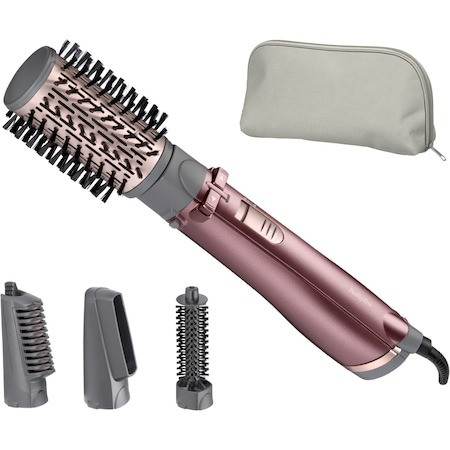 Perie rotativa BaByliss AS960E, 1000W, Ionizare, 4 Accesorii, 2 Setari temperatura/viteza, Cool-Shot, geanta depozitare,Roz-Gri