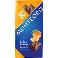 Ciocolata cu lapte si portocale, Monteoro, fara zaharuri adaugate - 90 g