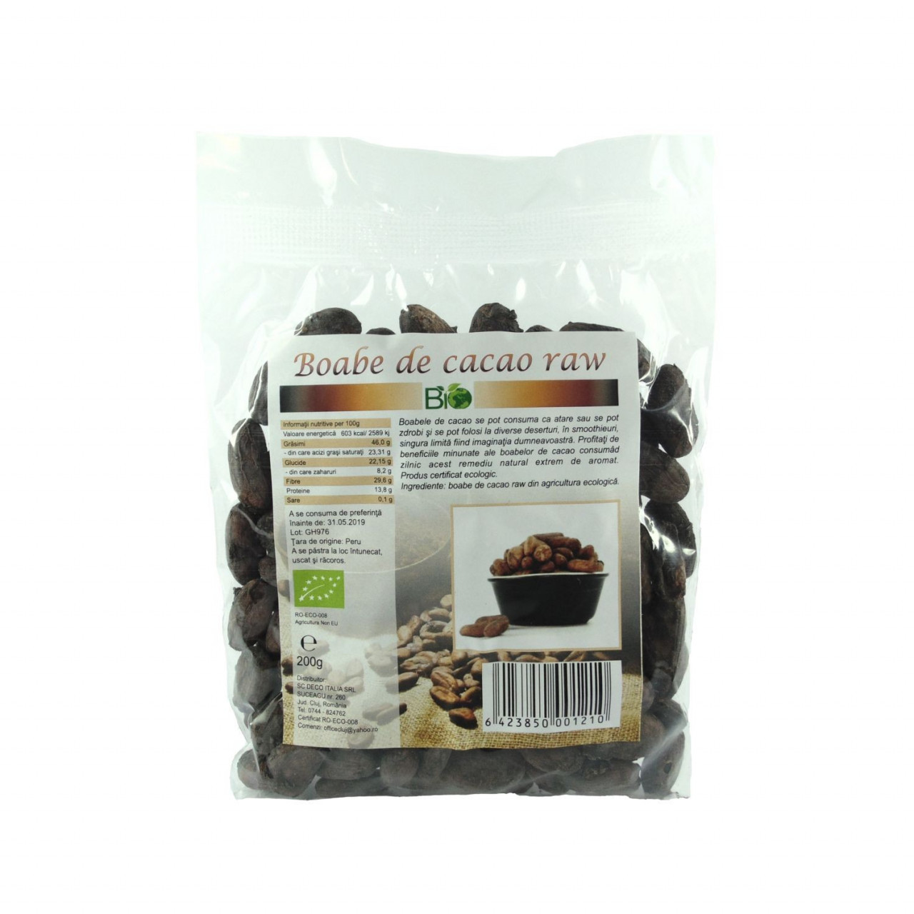 Boabe de cacao crude, RAW BIO - 200 g