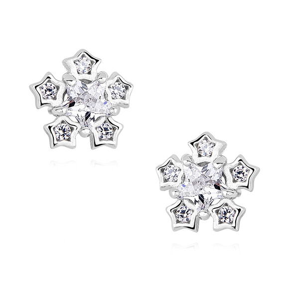 Cercei argint 925, jw262, model fulg de nea cu zirconiu, placat cu rodiu
