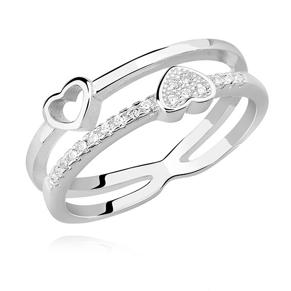 Inel argint 925, jw348, model dublu cu inimioare si zirconia, placat cu rodiu