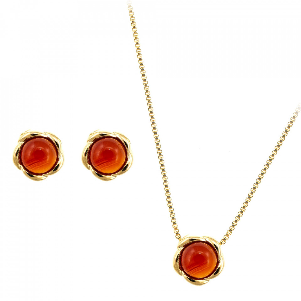 Set bijuterii placate cu aur - Bloom - colier si cercei cu pietre semipretioase Agat Rosu