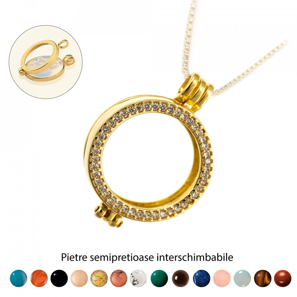 Pandantiv Magic Pendant - White Zirconia, placat cu aur, Secret Stone Collection, cu pietre semipretioase interschimbabile