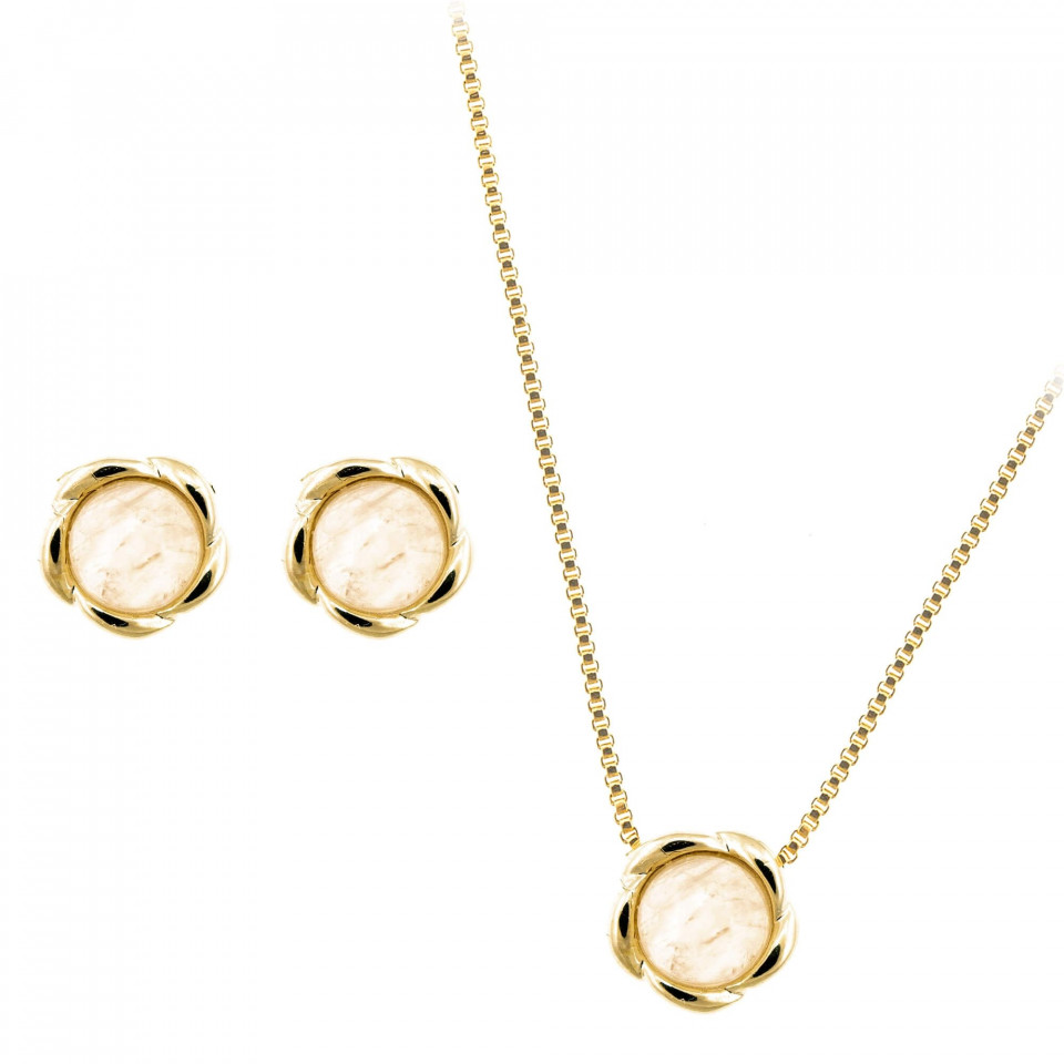 Set bijuterii placate cu aur - Bloom - colier si cercei cu pietre semipretioase Quartz Roz