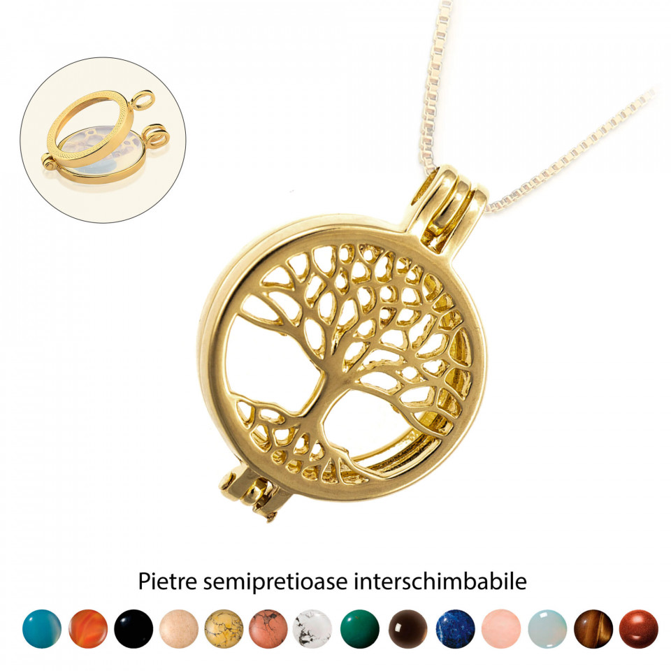 Pandantiv Magic Pendant - Tree of Life, placat cu aur, Secret Stone Collection, cu pietre semipretioase interschimbabile