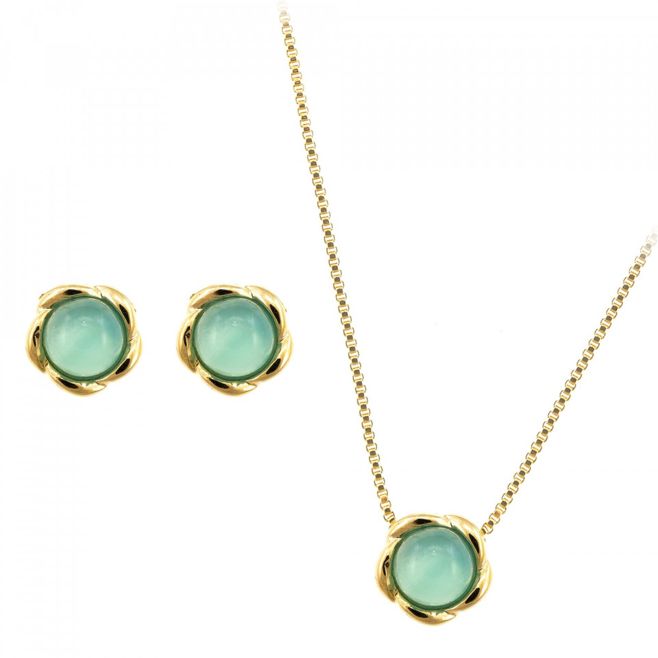 Set bijuterii placate cu aur - Bloom - colier si cercei cu pietre semipretioase Agat Albastru