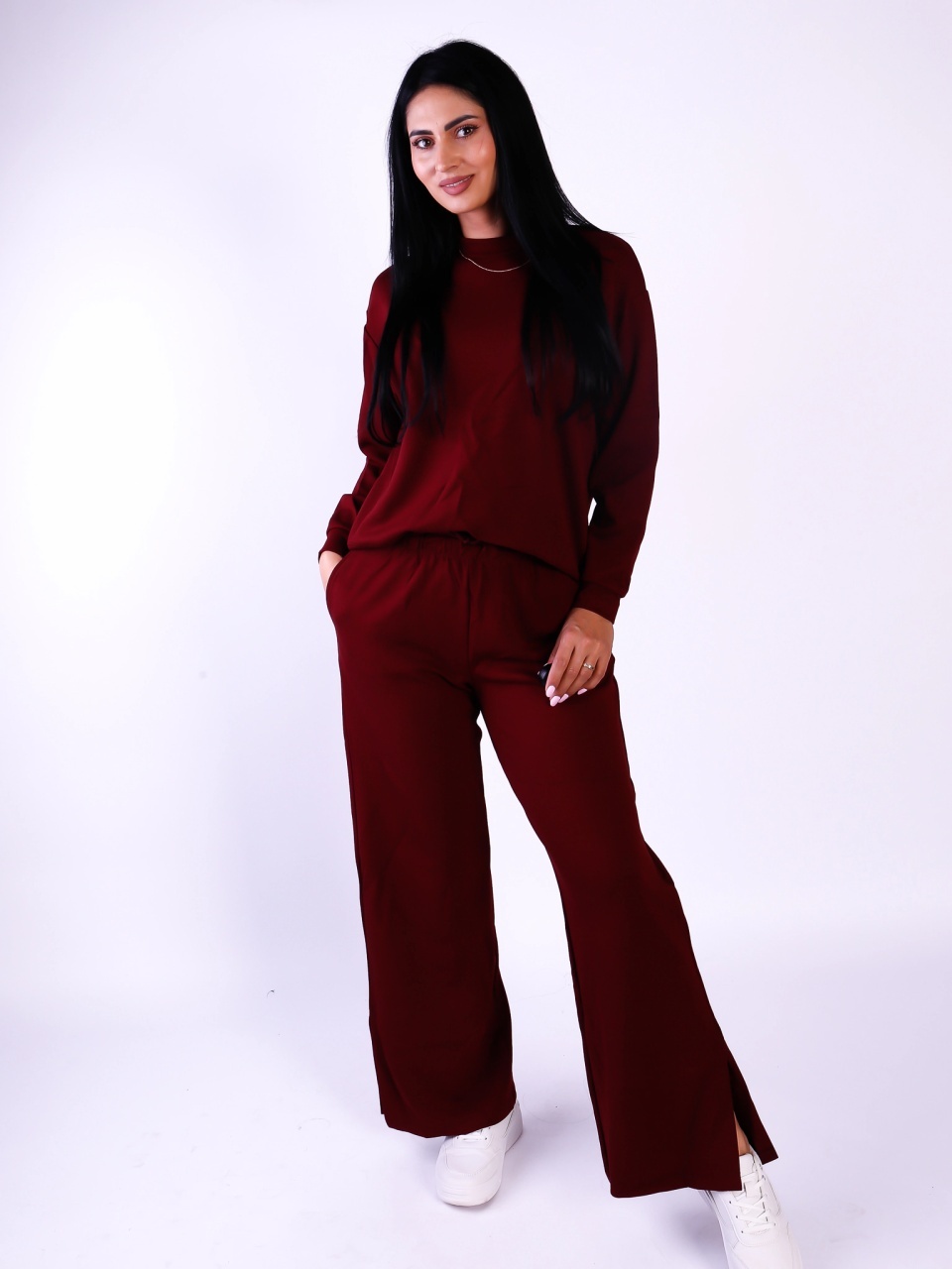 Compleu damă bordo casual cu bluză și pantaloni evazați