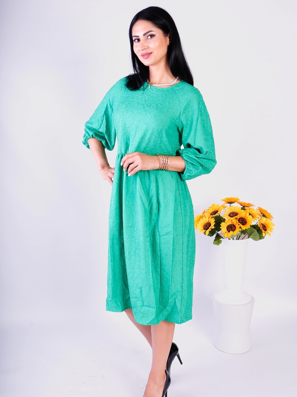 Rochie damă verde midi elegantă cu mâneci bufante