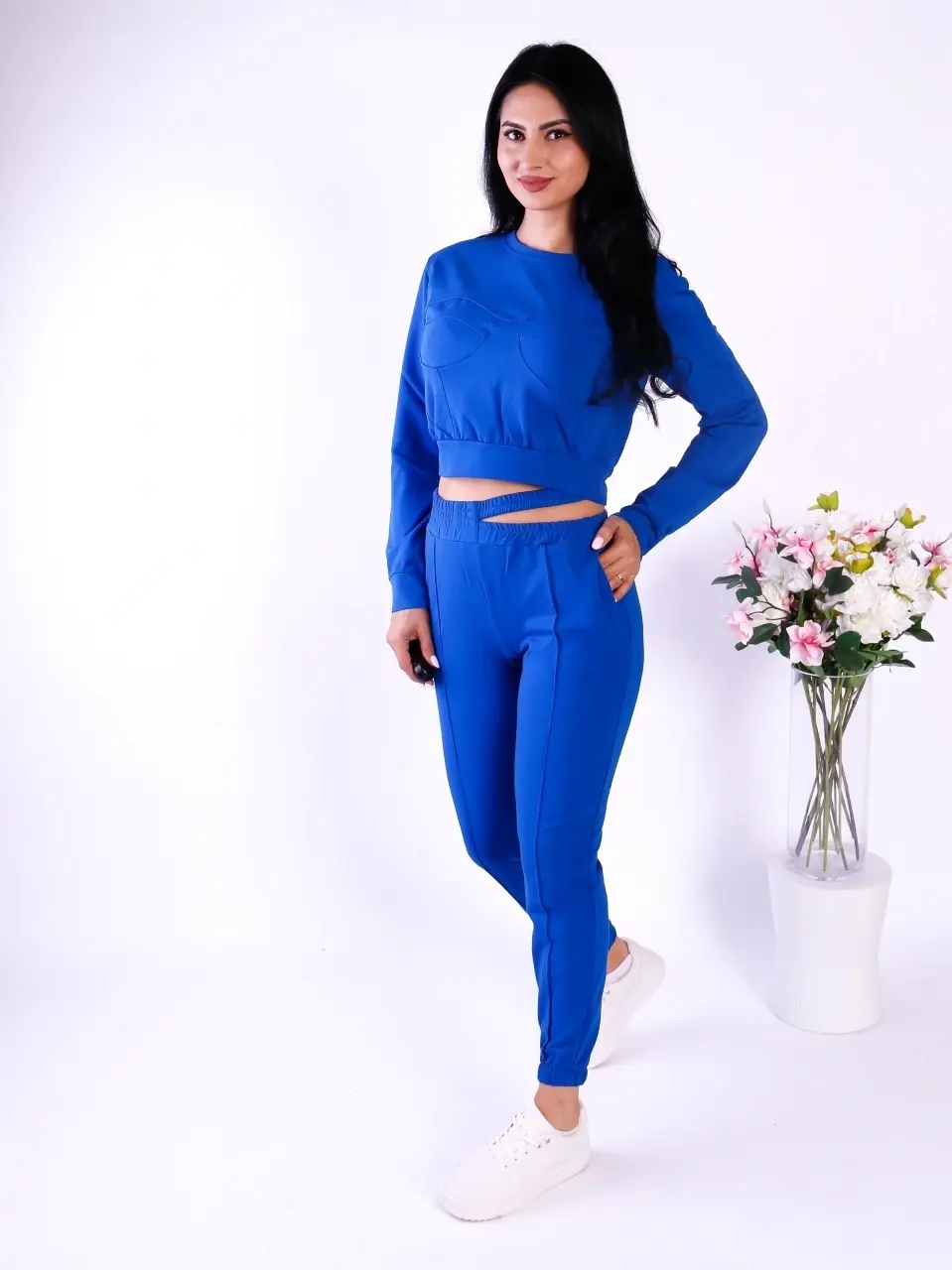 Compleu damă albastru cu bluză crop și pantaloni jogger