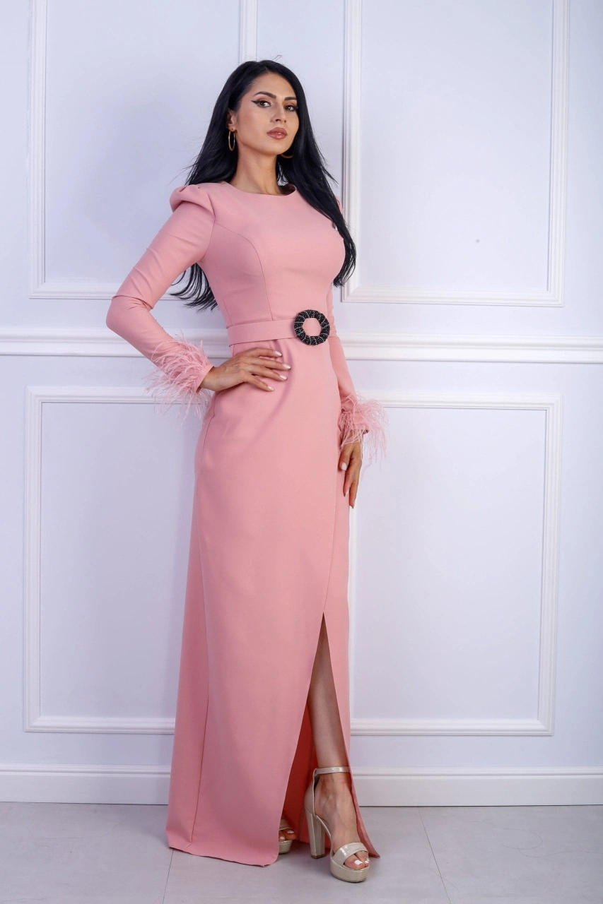 Rochie dama eleganta CARLA roz pudra accesorizata la maneci si bust