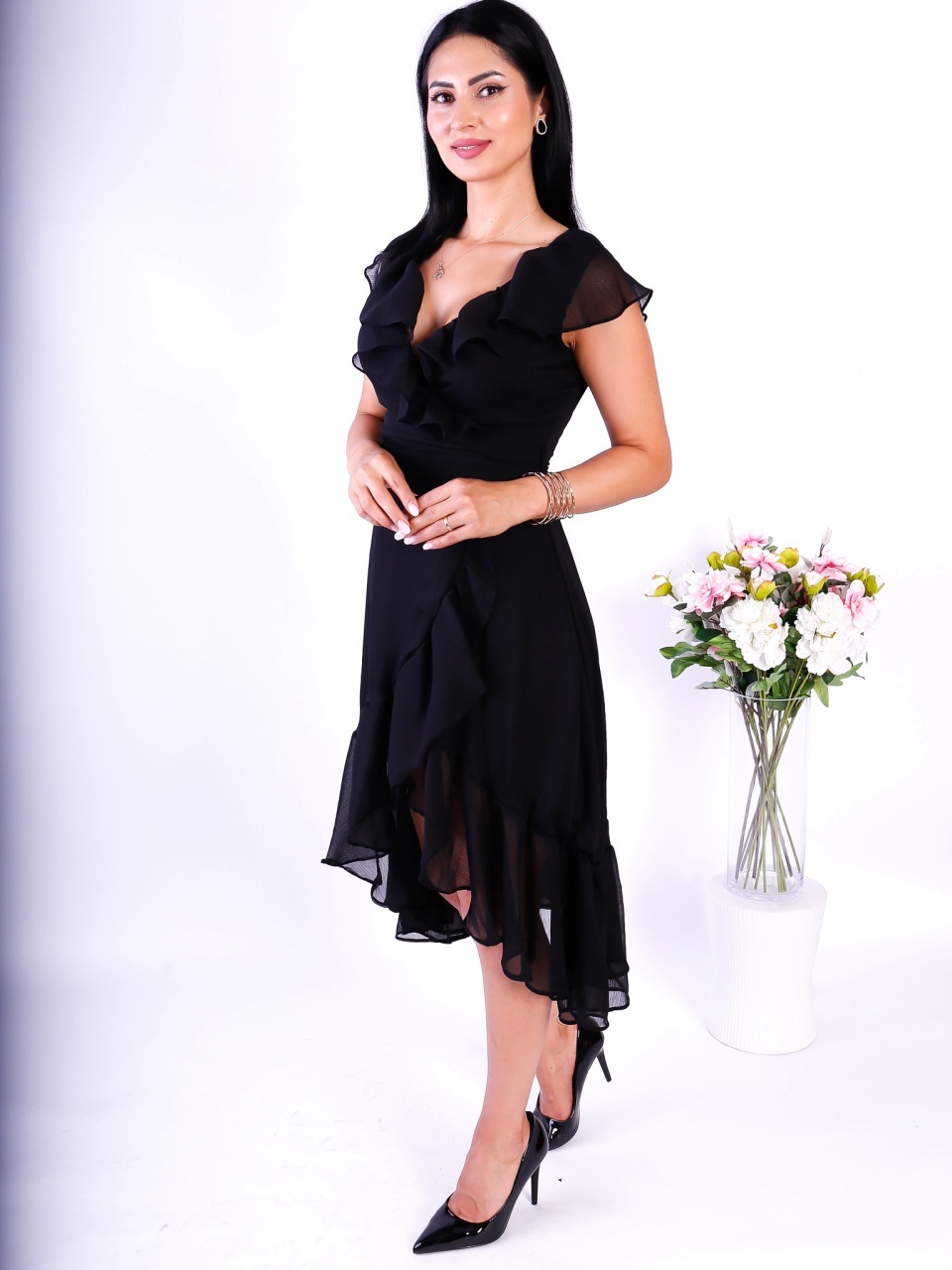 ALESSIA Rochie dama neagra vaporoasa cu volane si cordon in talie