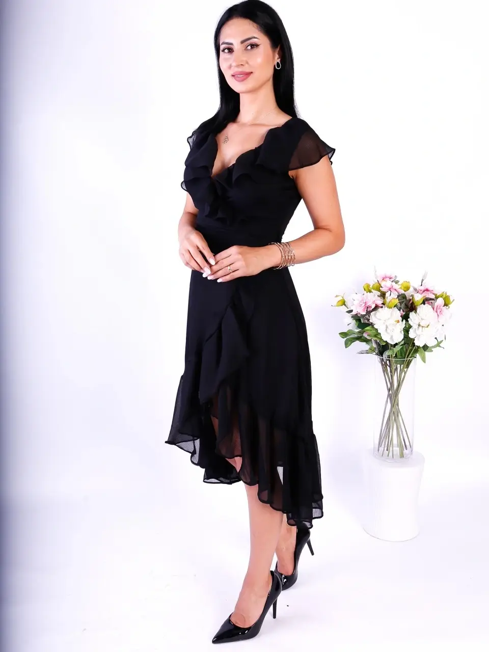 ALESSIA Rochie dama neagra vaporoasa cu volane si cordon in talie