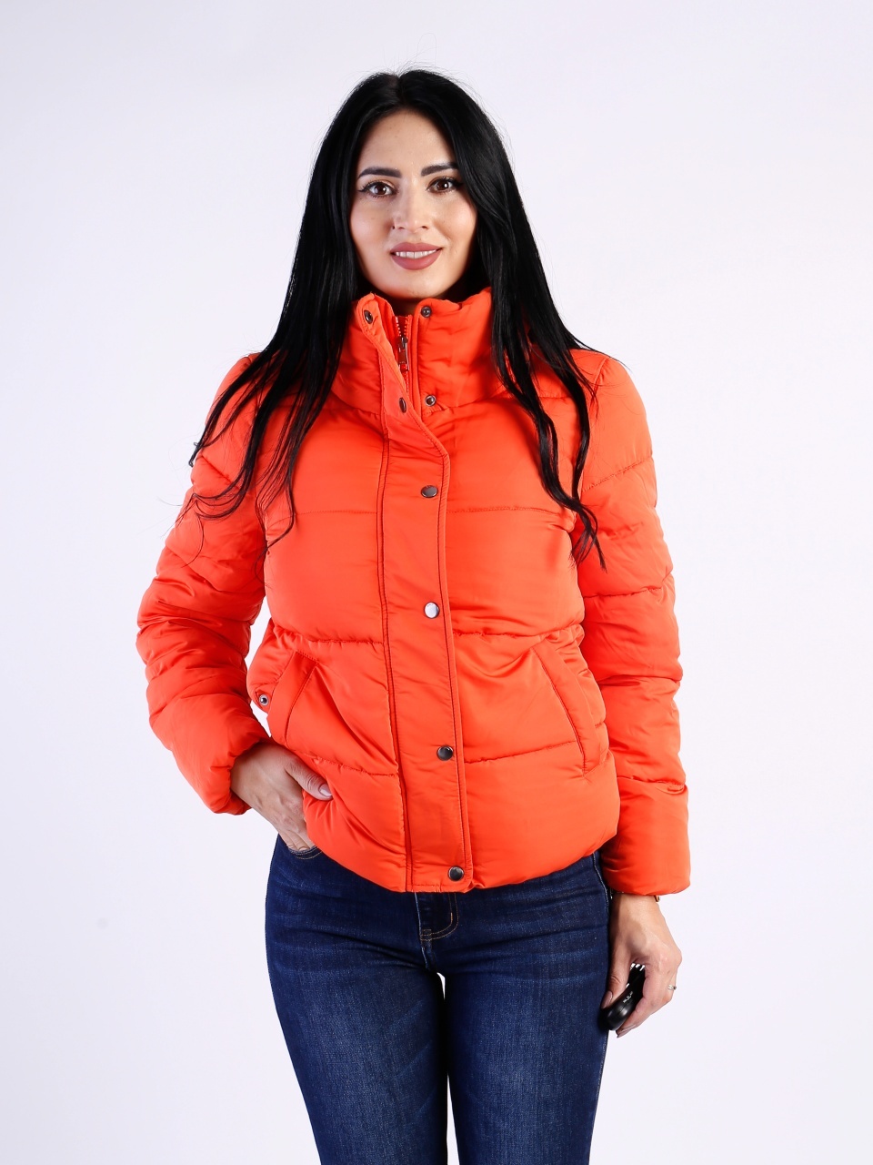 Geacă damă portocalie scurtă de iarnă cu fermoar și capse