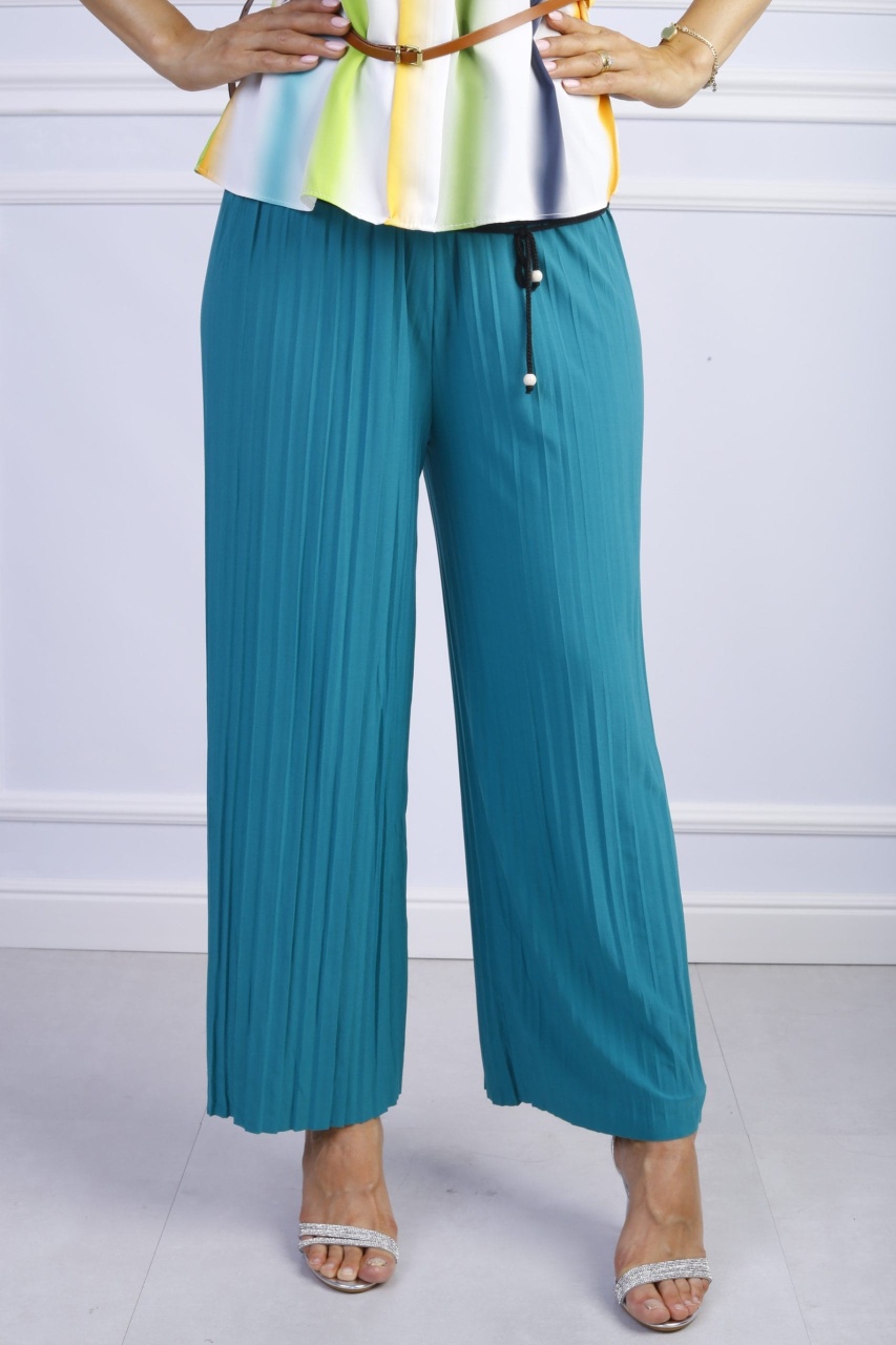 Pantaloni dama evazati cu pliuri turcoaz