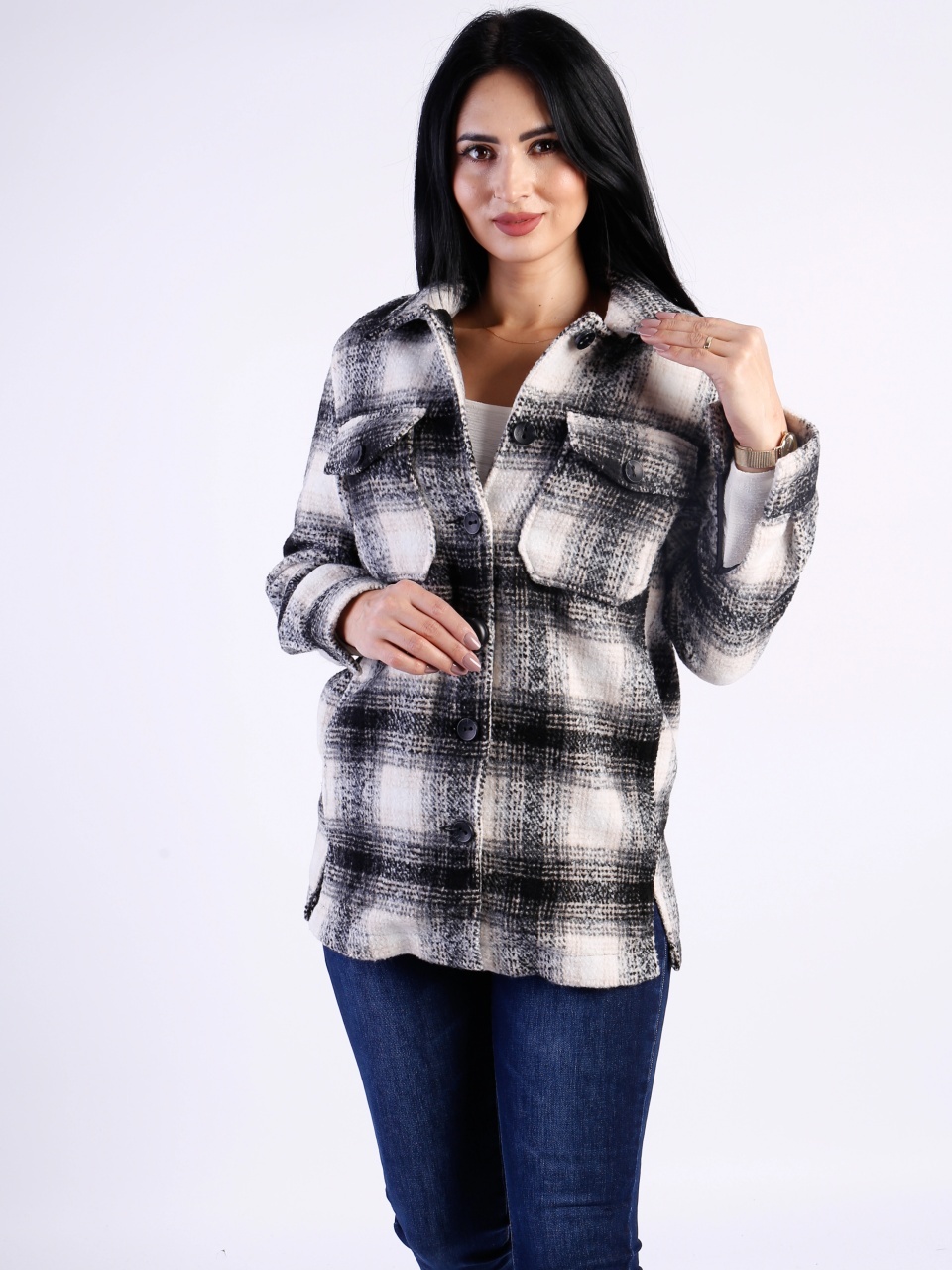 Jachetă damă casual cu carouri alb-negru