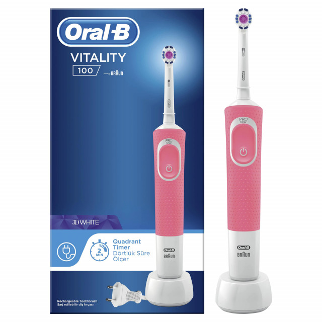 Periuta electrica de dinti Oral-B Vitality D100 3D White, 7600 Oscilatii/min, Curatare 2D, 1 program, 1 capat, roz
