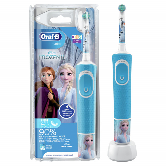 Periuta electrica de dinti Oral-B D100 Vitality Frozen pentru copii 7600 oscilatii/min, Curatare 2D, 2 programe, 1 capat, 4 stickere incluse, albastru