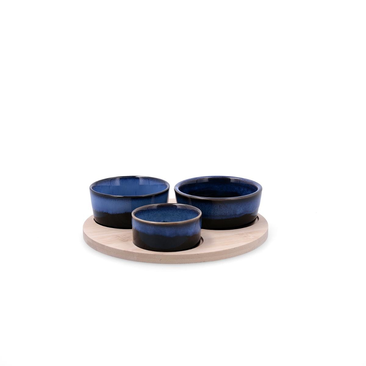 Set servire platou lemn cu 3 boluri portelan MOANA - 5426993