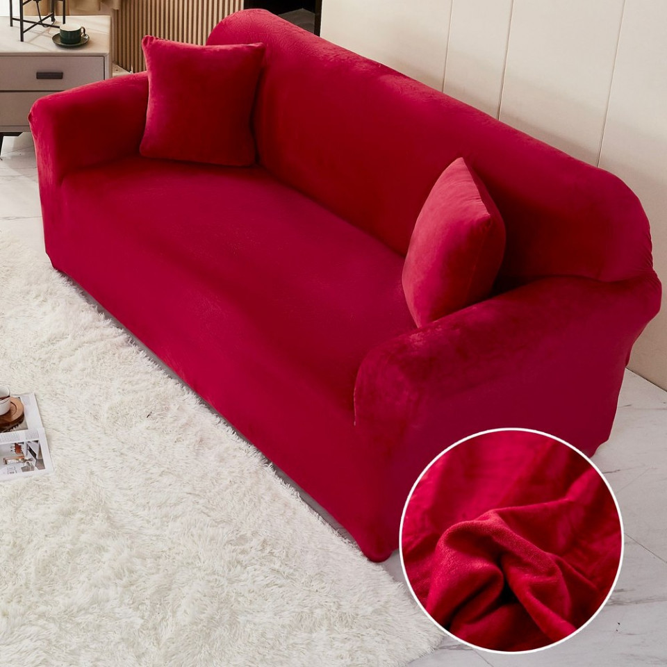 Husa elastica si catifelata pentru canapea 3 locuri + fata perna, culoare Rosu-Bordo