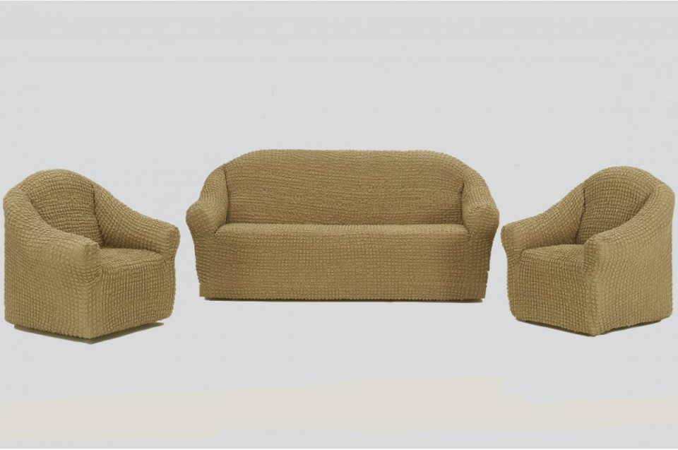 Set huse elastice si creponate pentru canapea 3 locuri, canapea 2 locuri si 1 fotoliu, fara volanas, Bej Inchis