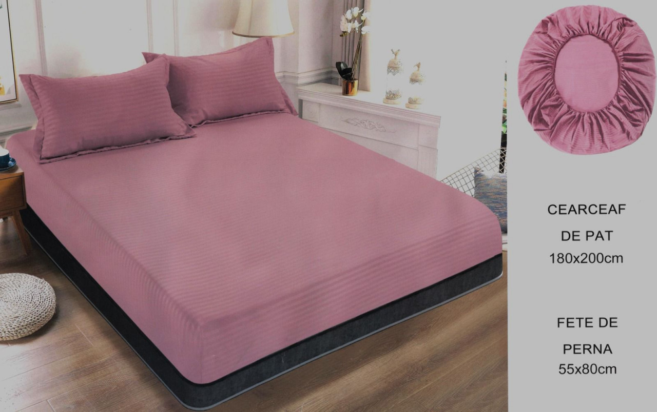 Cearceaf de pat cu elastic + doua fete perna, 180x200 cm, culoare Roz