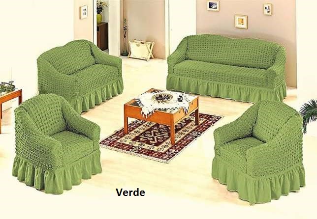 Set huse elastice si creponate pentru canapea 3 locuri, canapea 2 locuri si 2 fotolii, cu volanas, Verde