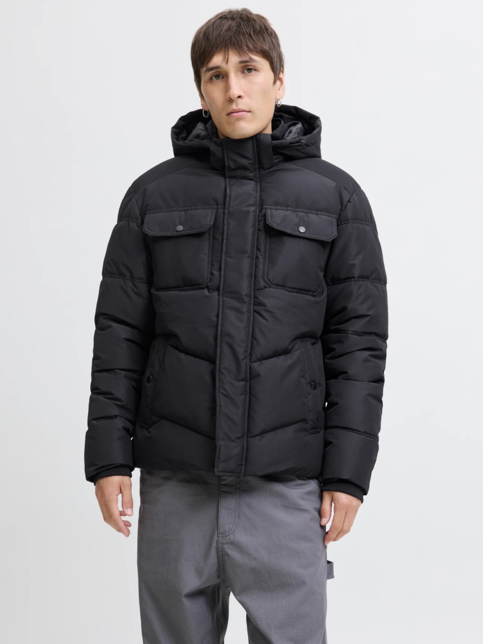 Jack & Jones Geaca barbati, MORGAN PUFFER, cu gluga detasabila, Negru (SELECTATI MARIMEA: 2XL)