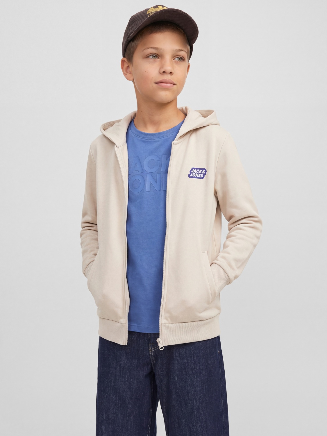 Jack & Jones Hanorac baieti cu gluga si fermoar, Regular Fit, JJAMI, Bej (SELECTATI MARIMEA: 152 cm)