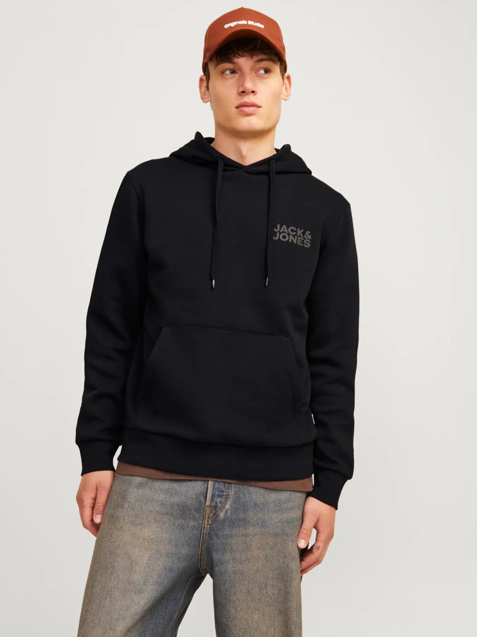 Jack & Jones Hanorac barbati fara fermoar, cu logo, Negru (SELECTATI MARIMEA: M)