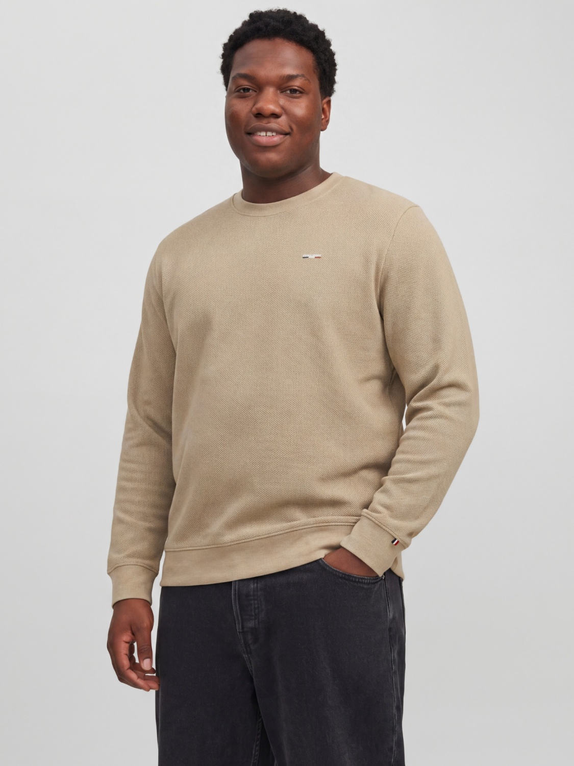 Jack & Jones Plus Pulover barbati din bumbac organic, decolteu la baza gatului, Regular Fit, JPRBLUALVES, Bej (SELECTATI MARIMEA: 8XL)