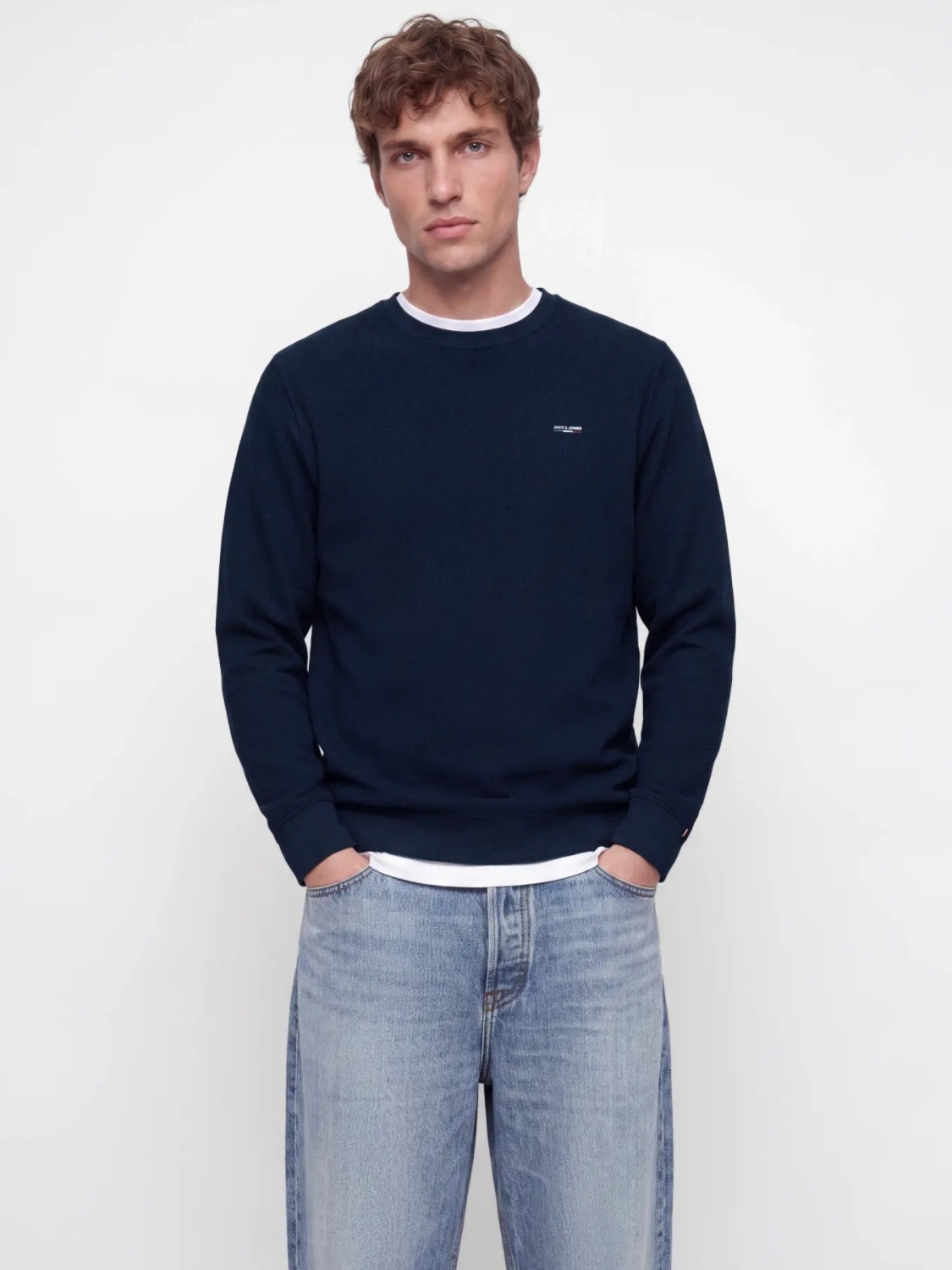 Jack & Jones Pulover barbati din bumbac organic, decolteu la baza gatului, Regular Fit, JPRBLUALVES, Bleumarin inchis (SELECTATI MARIMEA: M)