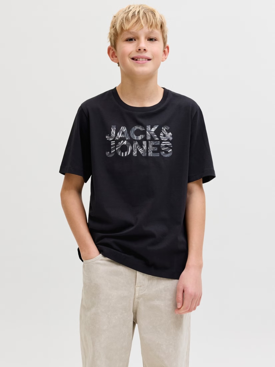 Jack & Jones Tricou cu decolteu la baza gatului, baieti, imprimeu cu logo, Regular fit, Negru (SELECTATI MARIMEA: 128 cm)