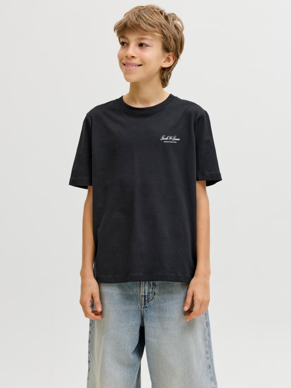 Jack & Jones Tricou din bumbac, baieti, cu decolteu la baza gatului, Negru (SELECTATI MARIMEA: 140 cm)
