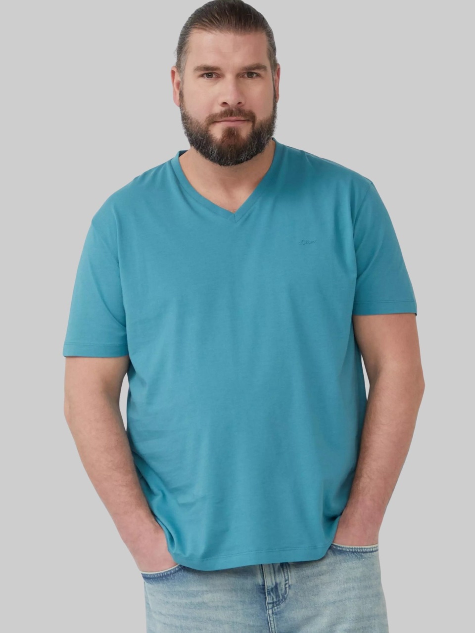 s.Oliver Big Sizes Tricou barbati big sizes cu decolteu in V, Regular Fit, din bumbac, Turcoaz (SELECTATI MARIMEA: 2XL)