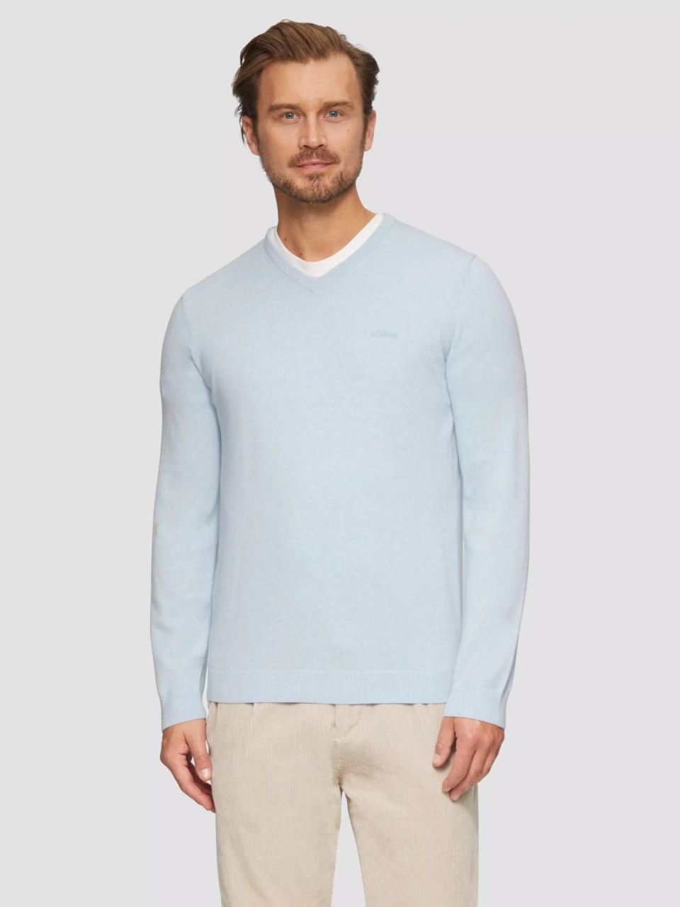 s.Oliver Pulover tricotat barbati cu achior si logo brodat, Albastru deschis (SELECTATI MARIMEA: 3XL)