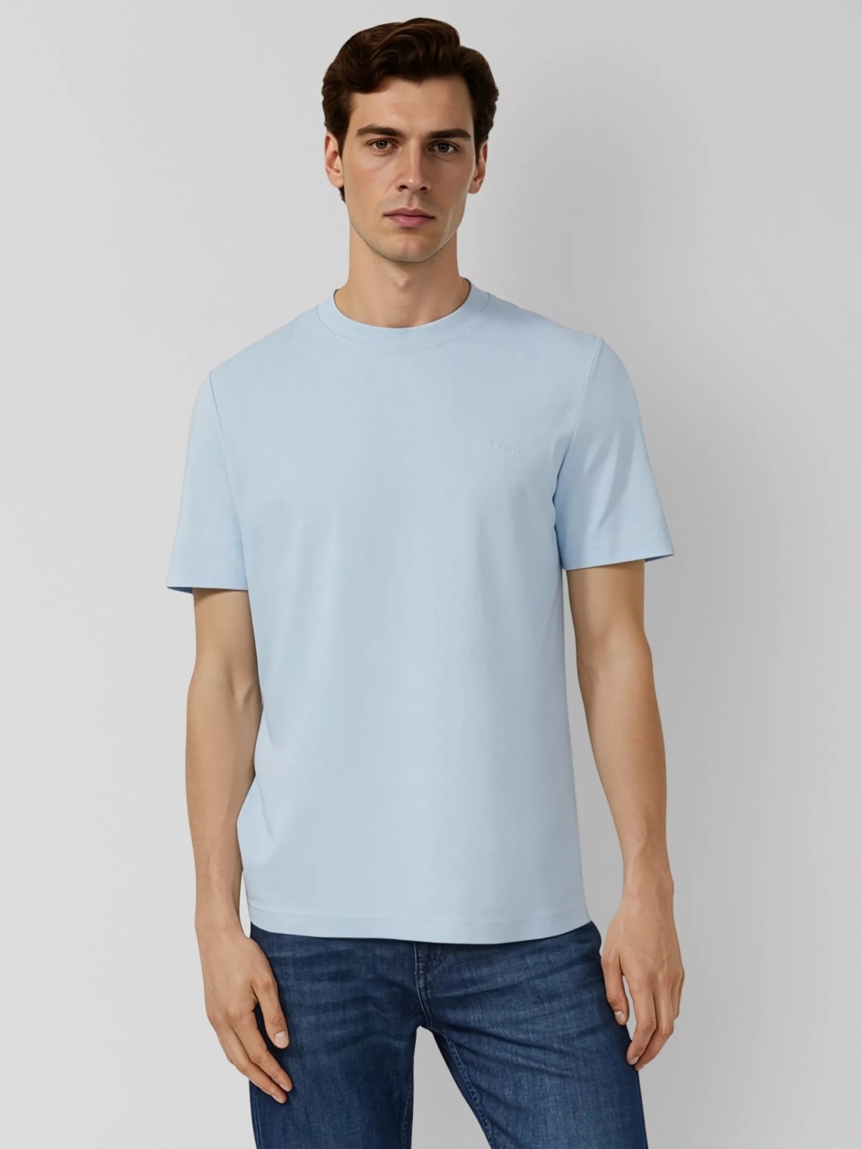 s.Oliver Tricou barbati la baza gatului, din bumbac, Regular fit, Albastru deschis (SELECTATI MARIMEA: L)