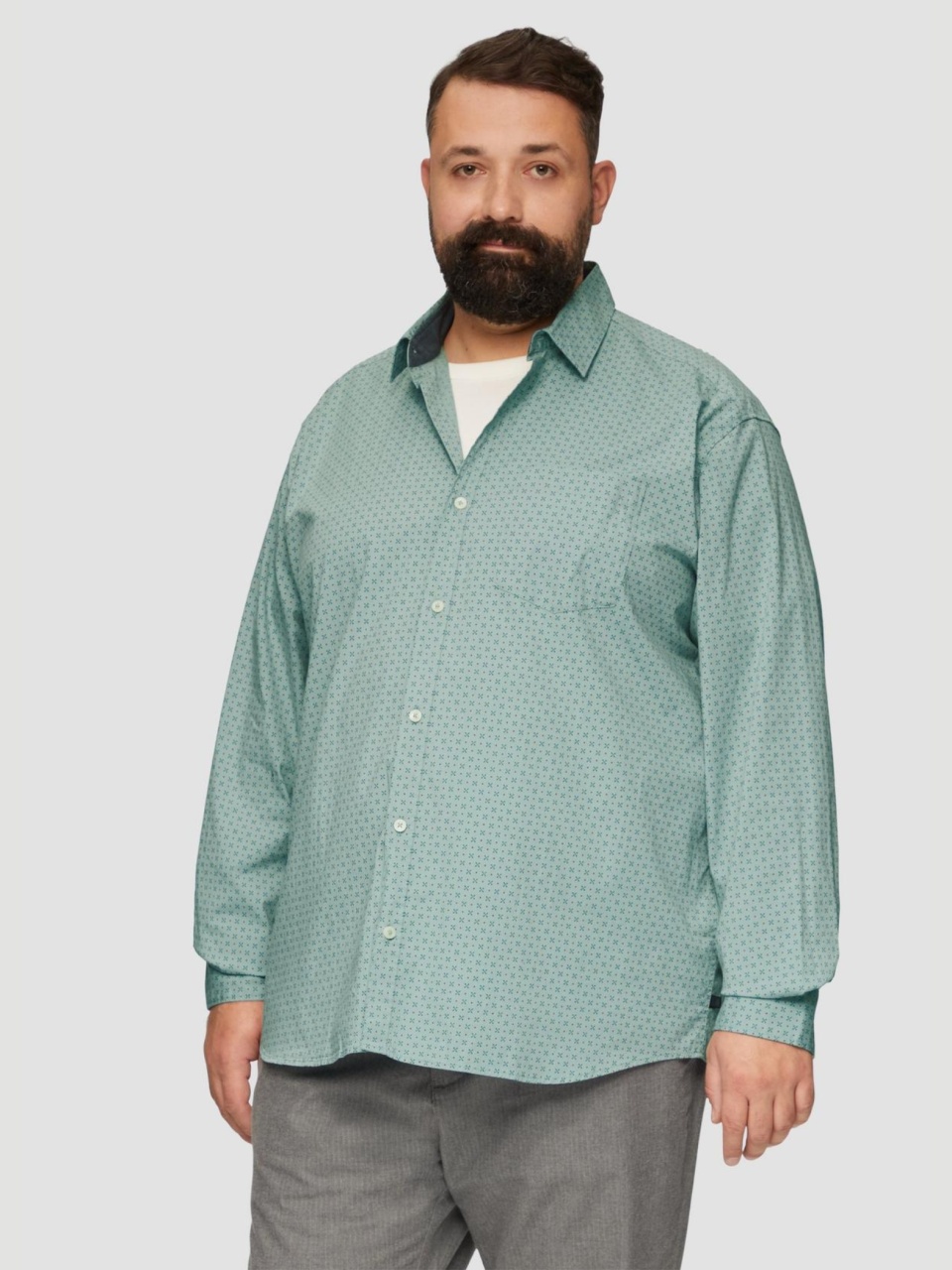 Camasa barbati big sizes, cu maneca lunga si imprimeu floral, Slim Fit, Verde deschis (SELECTATI MARIMEA: 5XL)