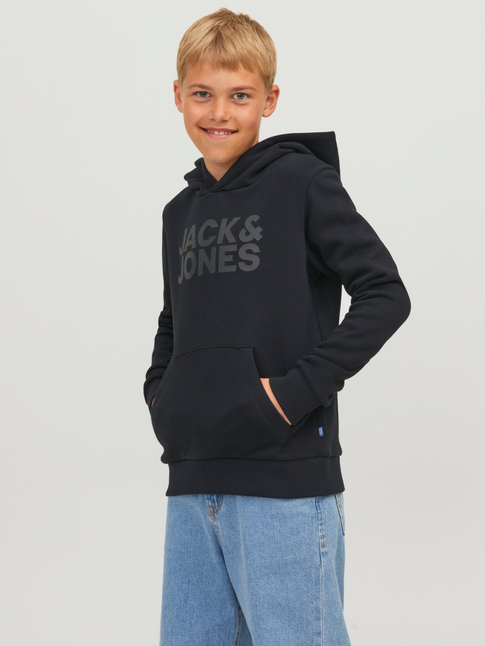 Jack & Jones Hanorac baieti, Regular Fit cu buzunar tip marsupiu si imprimeu cu logo, Negru (SELECTATI MARIMEA: 128 cm)