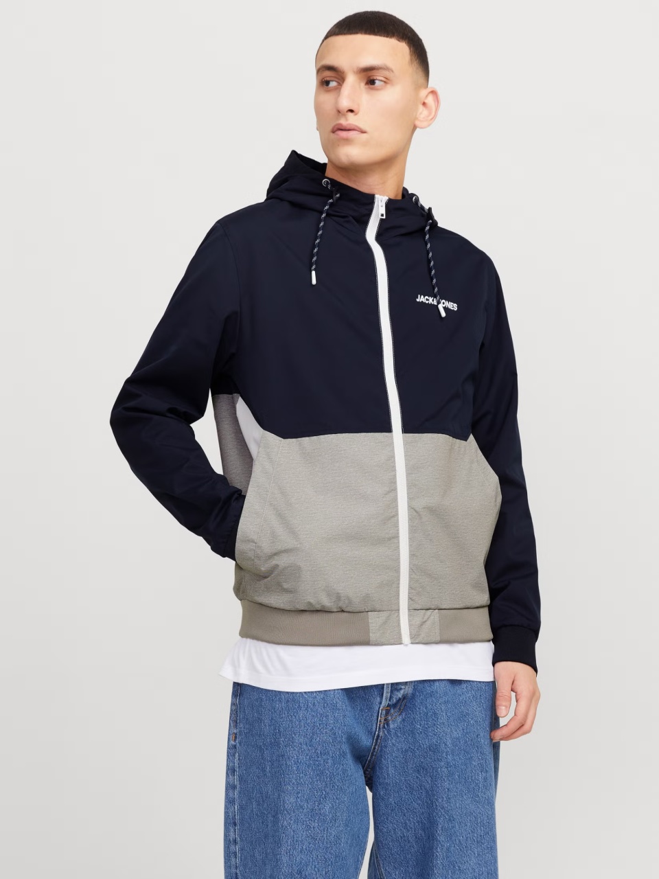Jack & Jones Jacheta bomber cu gluga, JJERUSH HOOD, Bleumarin inchis/Gri (SELECTATI MARIMEA: S)
