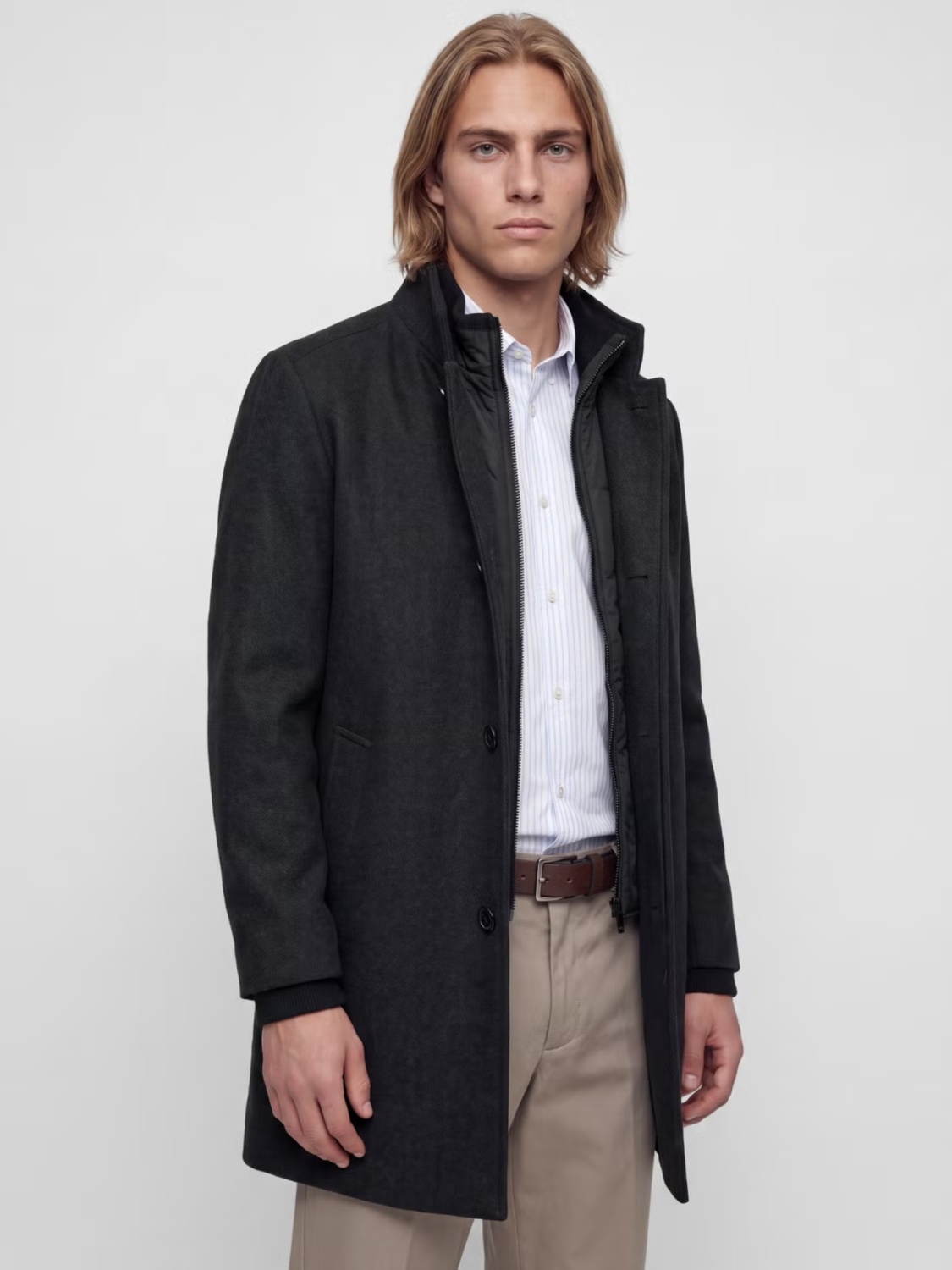 Jack & Jones Palton barbati din amestec de lana, cu dubla inchidere, Negru (SELECTATI MARIMEA: XL)