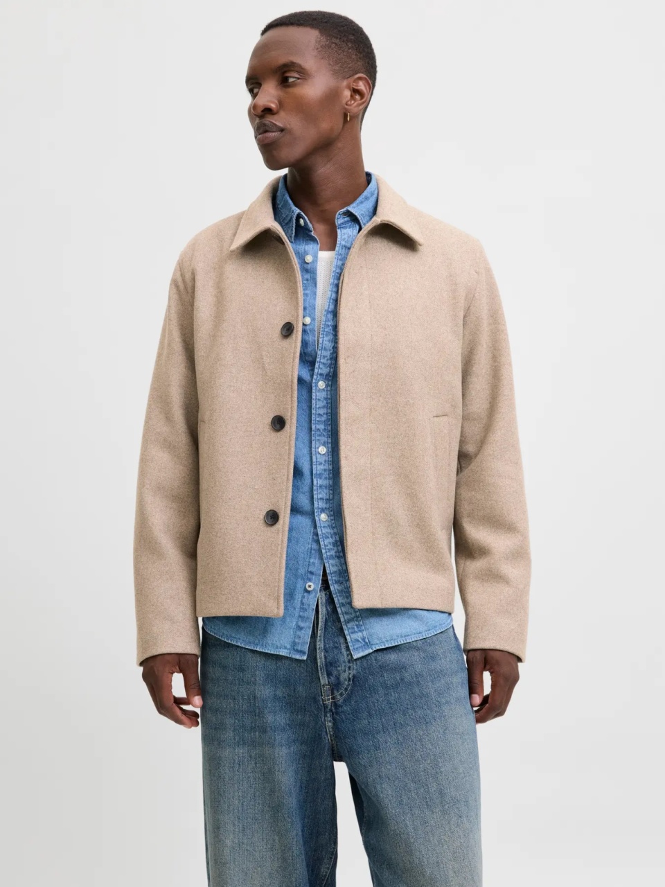 Jack & Jones Palton scurt barbati, JEHARRIS, cu guler inalt si 2 buzunare oblice, Maro deschis (SELECTATI MARIMEA: 2XL)