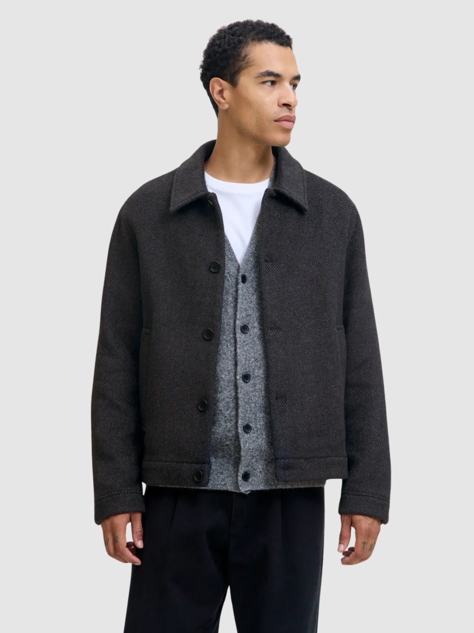 Jack & Jones Palton scurt barbati, JPRBLACOBBS, cu guler inalt si 2 buzunare oblice, Gri inchis (SELECTATI MARIMEA: XL)