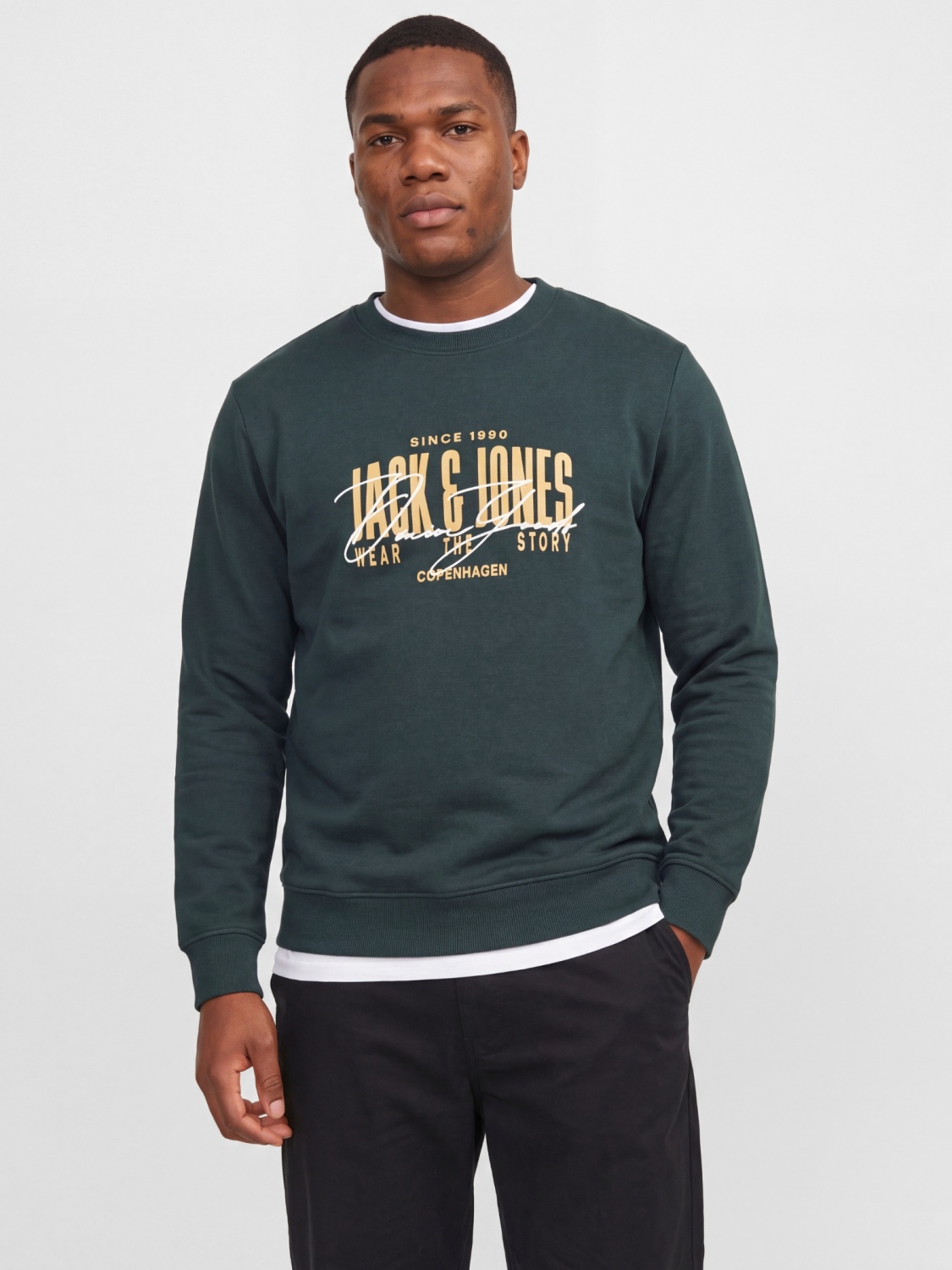 Jack & Jones Plus Bluza barbati big sizes, imprimeu cu logo, Regular fit, JJAERO, Verde inchis (SELECTATI MARIMEA: 3XL)