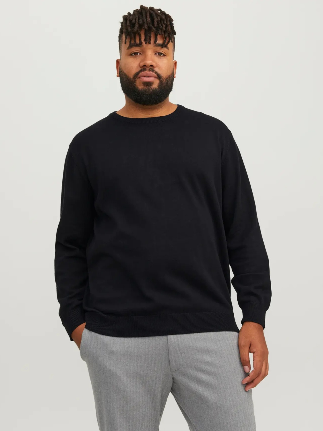 Jack & Jones Plus Pulover tricotat barbati big sizes, din bumbac organic, cu decolteu la baza gatului, Regular Fit, JJEBASIC, Negru (SELECTATI