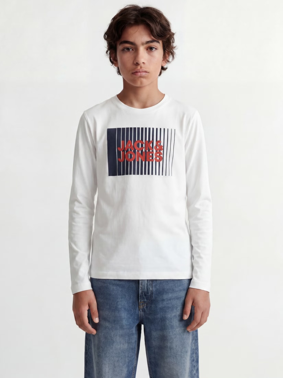 Jack & Jones Tricou baieti la baza gatului, cu maneca lunga, din bumbac organic, Regular fit, Alb (SELECTATI MARIMEA: 140 cm)