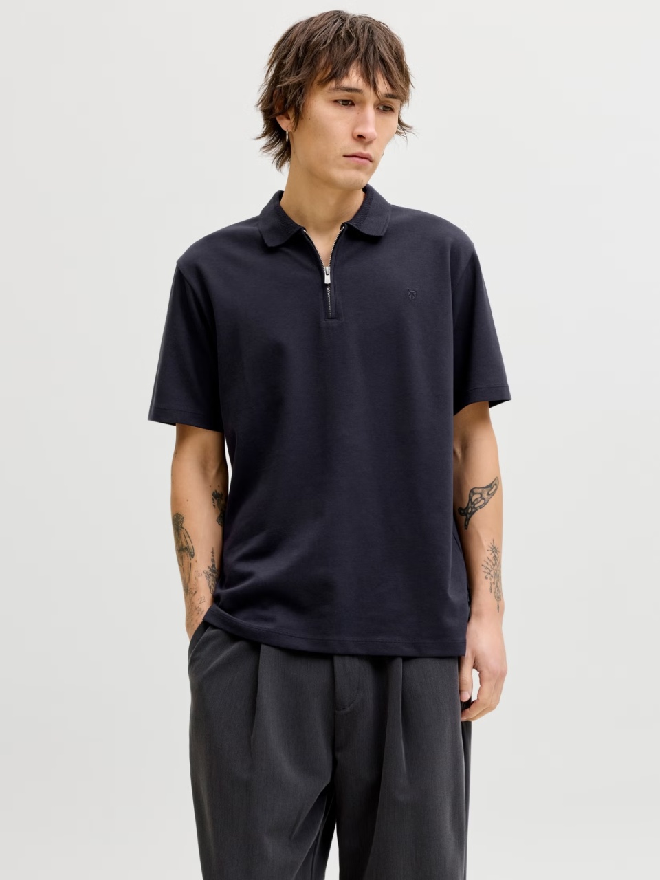 Jack & Jones Tricou polo barbati, cu fermoar, Regular Fit, JPRBLAETHAN, Bleumarin inchis (SELECTATI MARIMEA: S)