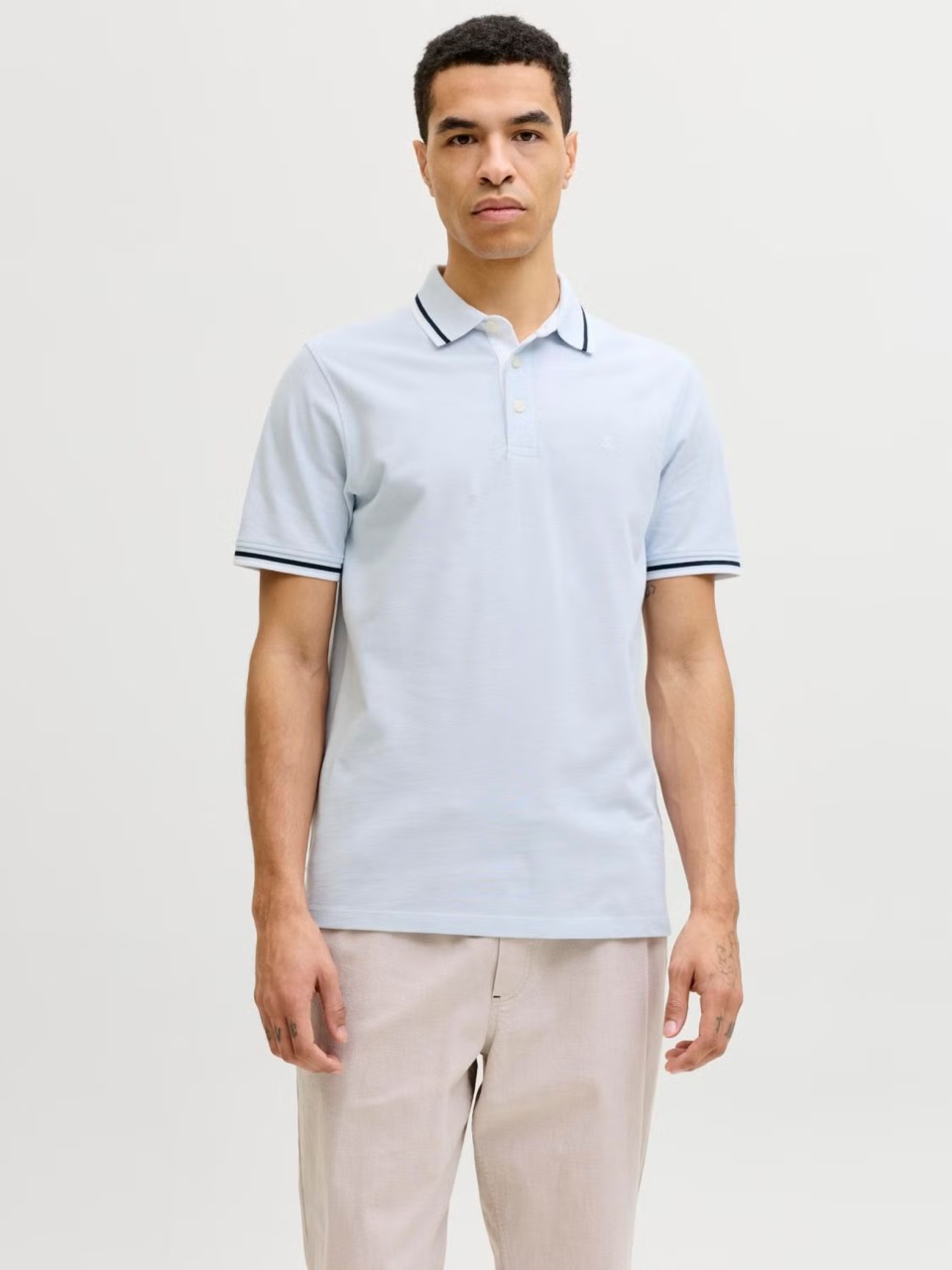 Jack & Jones Tricou polo barbati, Slim fit cu guler contrast, Albastru deschis (SELECTATI MARIMEA: S)