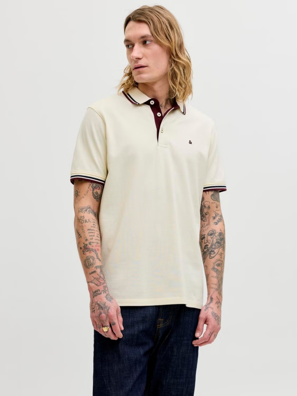 Jack & Jones Tricou polo barbati, Slim fit cu guler contrast, Crem (SELECTATI MARIMEA: M)