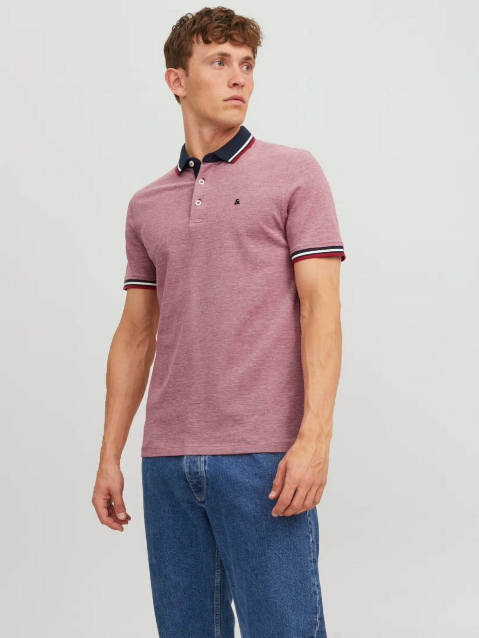 Jack & Jones Tricou polo barbati, Slim fit cu guler contrast, Roz (SELECTATI MARIMEA: L)
