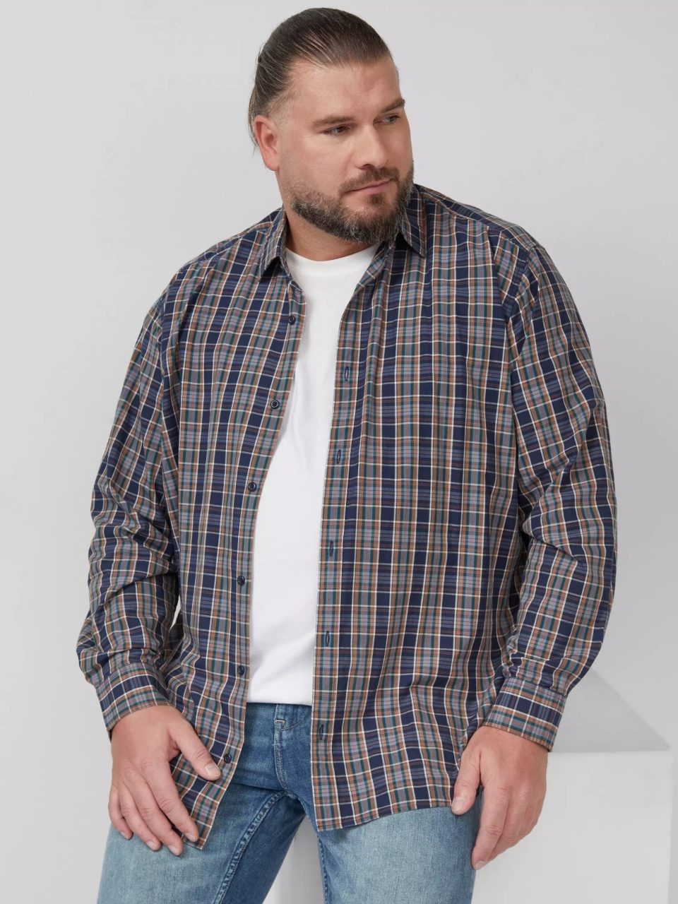 s.Oliver Big Sizes Camasa barbati big sizes, cu imprimeu in carouri si cu guler Kent, Bleumarin inchis (SELECTATI MARIMEA: 5XL)
